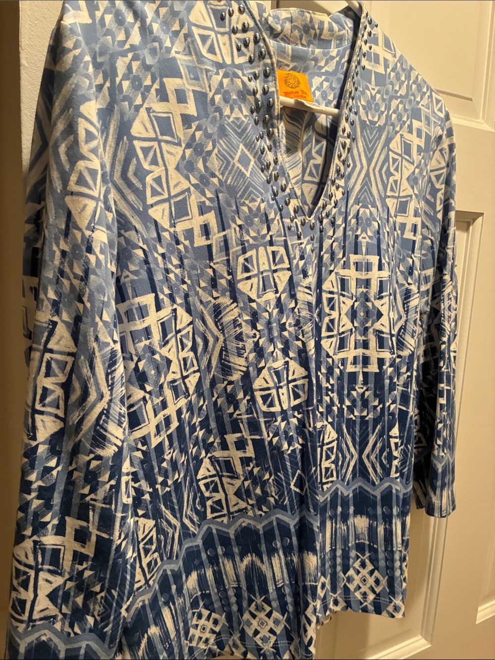 Ruby Rd. Blue & White Geometric V-Neck Studded Tunic - Picture 3 of 7